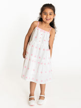 Load image into Gallery viewer, Campana Girls Myra Midi Length Floral Embroidered Pure Cotton Dress - White & Pink