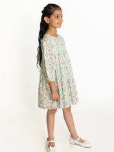 Load image into Gallery viewer, Campana Girls Zoya Flared Dress - Petit Flower Print - Sea Green & Pink