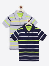 Load image into Gallery viewer, Campana Boys Pack of Two Striped Cotton Polo T-Shirts - Navy & Grey Melange