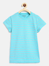 Load image into Gallery viewer, Campana Girls Steffi Pack of 2 Round Neck T-Shirts - Turquoise Stripe + Coral Red Mel