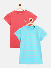 Load image into Gallery viewer, Campana Girls Steffi Pack of 2 Round Neck T-Shirts - Turquoise Stripe + Coral Red Mel