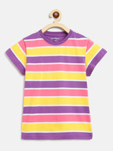 Load image into Gallery viewer, Campana Girls Steffi Pack of 2 Round Neck T-Shirts - Purple Multi Stripe + Yellow Mel