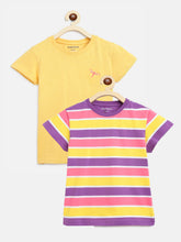 Load image into Gallery viewer, Campana Girls Steffi Pack of 2 Round Neck T-Shirts - Purple Multi Stripe + Yellow Mel