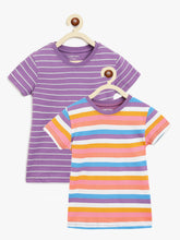 Load image into Gallery viewer, Campana Girls Pack of Two Alexis Striped Round Neck T-Shirt - Purple & Multicoloured