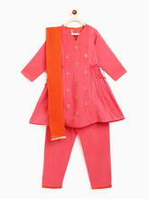 Load image into Gallery viewer, Campana Girls Bhoomi Kurta Pants Set - Embroidered Silk - Pink & Orange