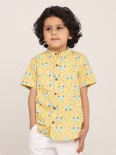 Load image into Gallery viewer, Campana Boys Mandarin Collar Short Sleeve Cotton Shirt - Busy Cars Print - Yellow
