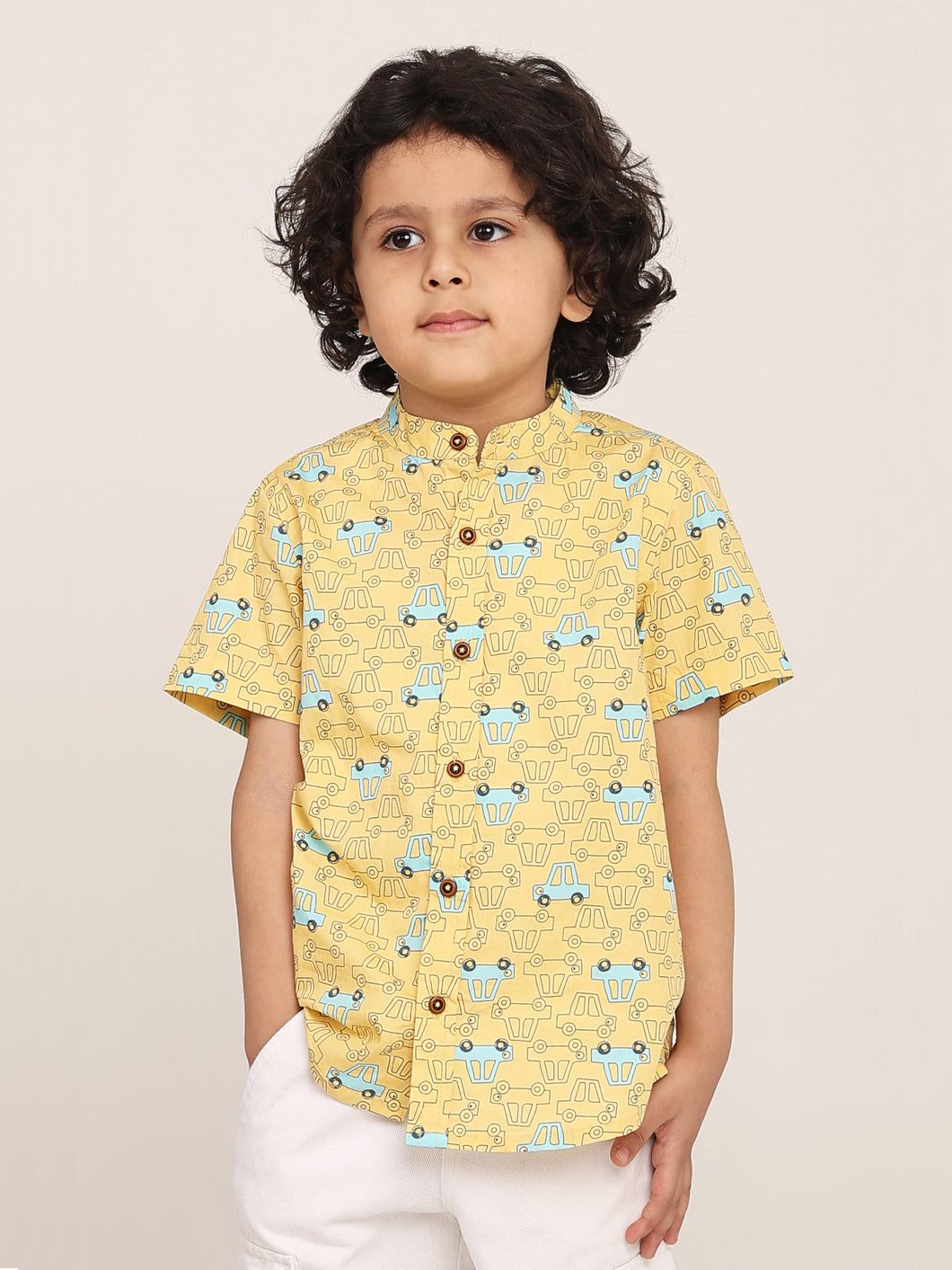 Campana Boys Mandarin Collar Short Sleeve Cotton Shirt - Busy Cars Print - Yellow