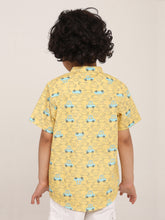 Load image into Gallery viewer, Campana Boys Mandarin Collar Short Sleeve Cotton Shirt - Busy Cars Print - Yellow
