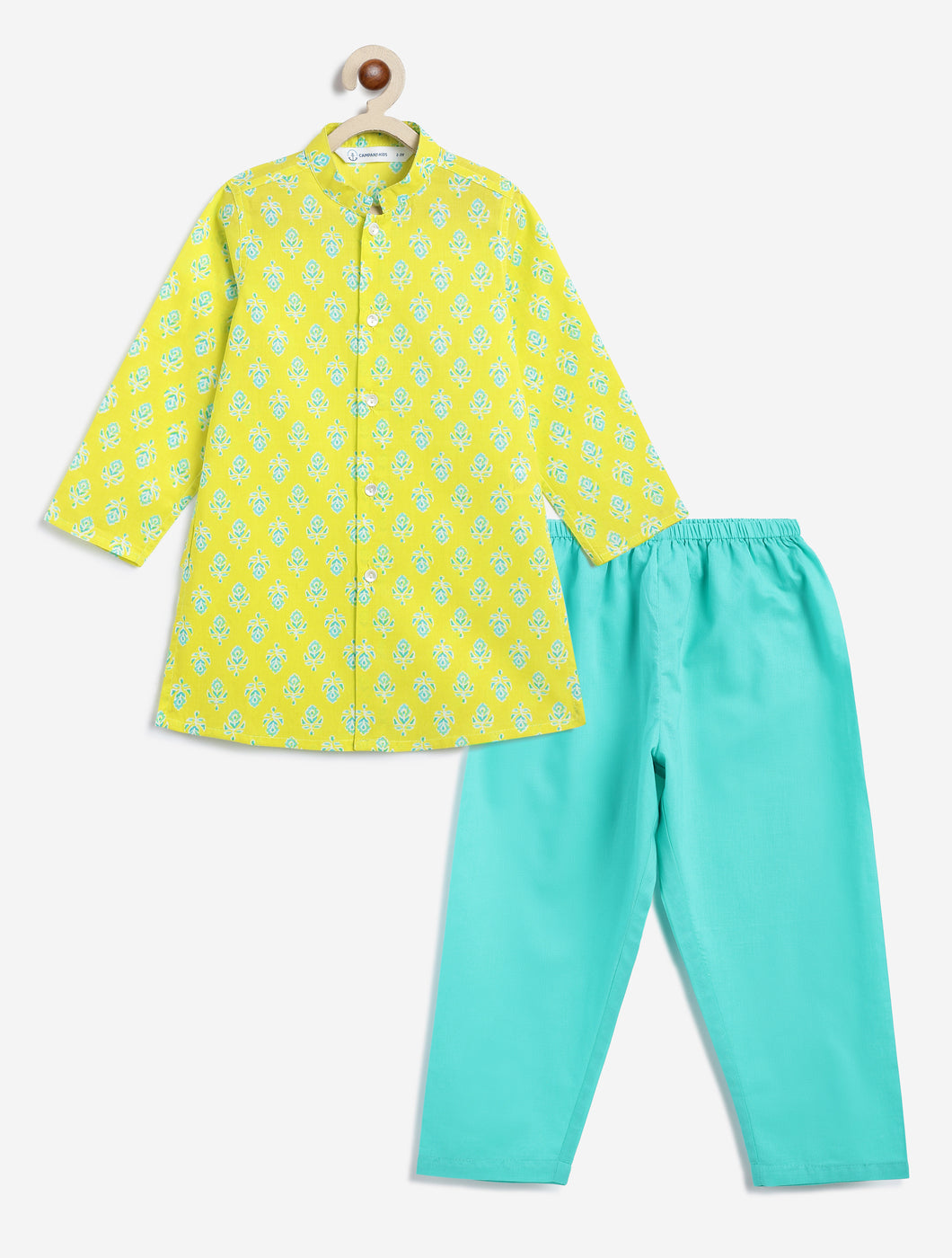 Campana Boys Mrinal Button Down Kurta Pyjama Set - Block Print - Lime & Turquoise