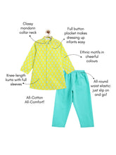 Load image into Gallery viewer, Campana Boys Mrinal Button Down Kurta Pyjama Set - Block Print - Lime &amp; Turquoise
