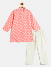 Load image into Gallery viewer, Campana Boys Mrinal Button Down Pure Cotton Kurta Pyjama Set - Kantha Blockprint - Peach &amp; White
