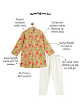 Load image into Gallery viewer, Campana Boys Mrinal Floral Printed Cotton Kurta Pyjama Set - Green &amp; Peach
