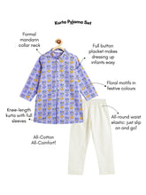 Load image into Gallery viewer, Campana Boys Mrinal Button Down Kurta Pyjama Set - Floral Block Print - Blue &amp; Yellow
