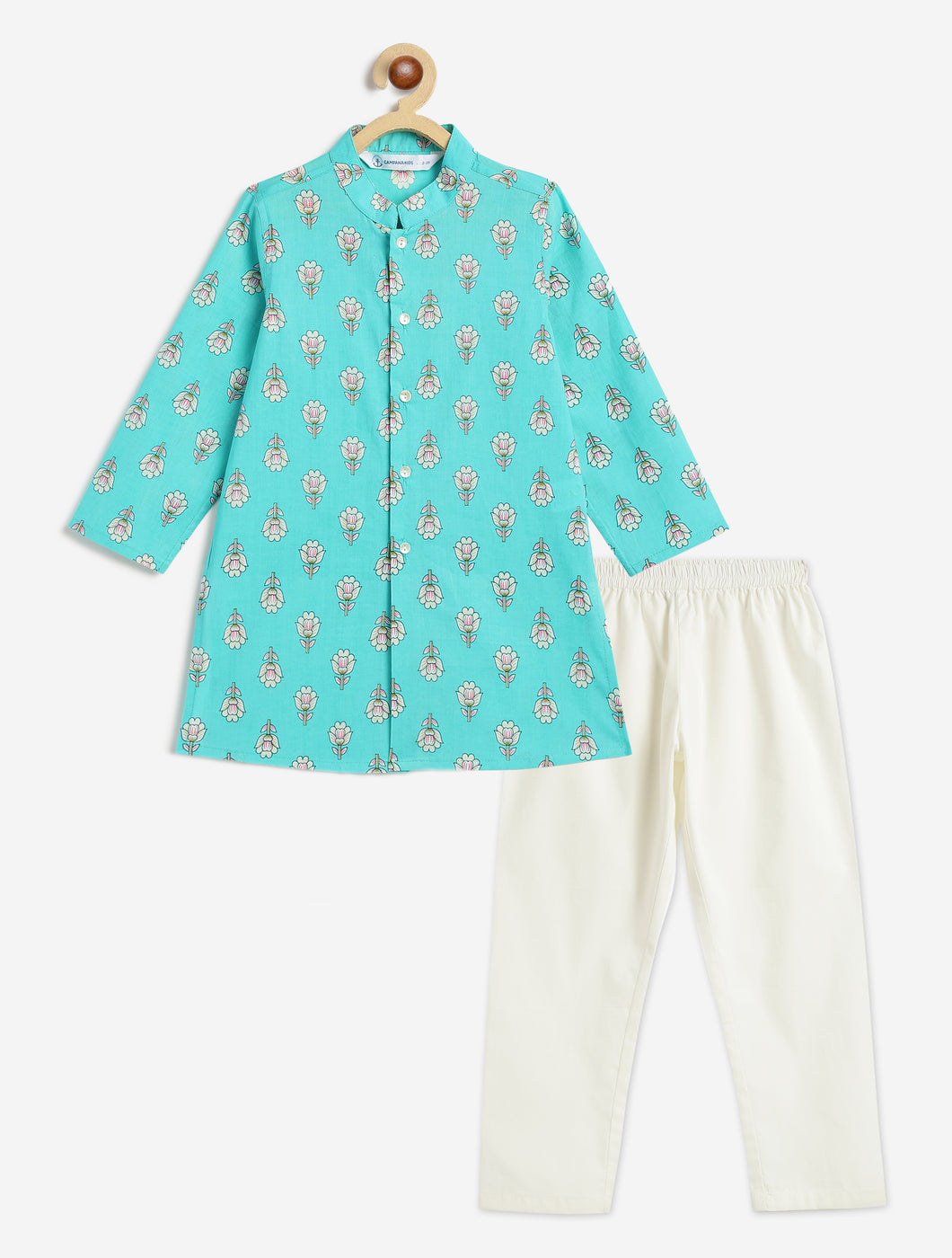 Campana Boys Mrinal Button Down Kurta Pyjama Set - Floral Print - Turquoise & White