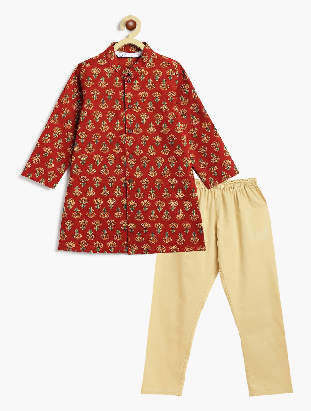 Campana Boys Mrinal Button Down Cotton Kurta Pyjama Set - Floral Print - Red & Beige