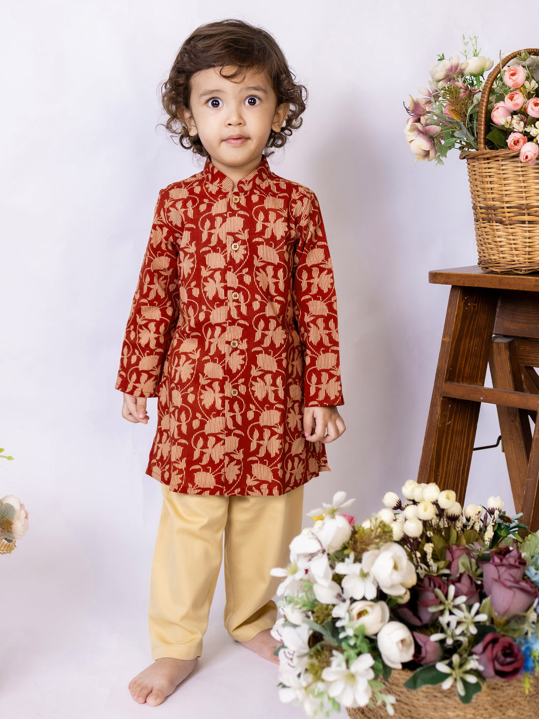 Campana Boys Mrinal Button Down Kurta Pyjama Set - Seamless Floral Print - Maroon & Golden