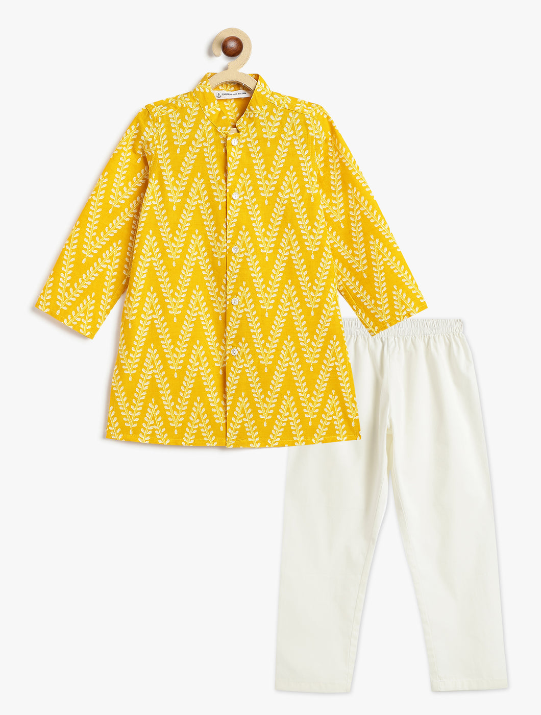Campana Boys Mrinal Button Down Kurta Pyjama Set - Chevron Print - Yellow & White