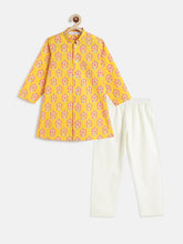 Load image into Gallery viewer, Campana Boys Mrinal Pure Cotton Blockprint Kurta Pyjama Set - Yellow &amp; White

