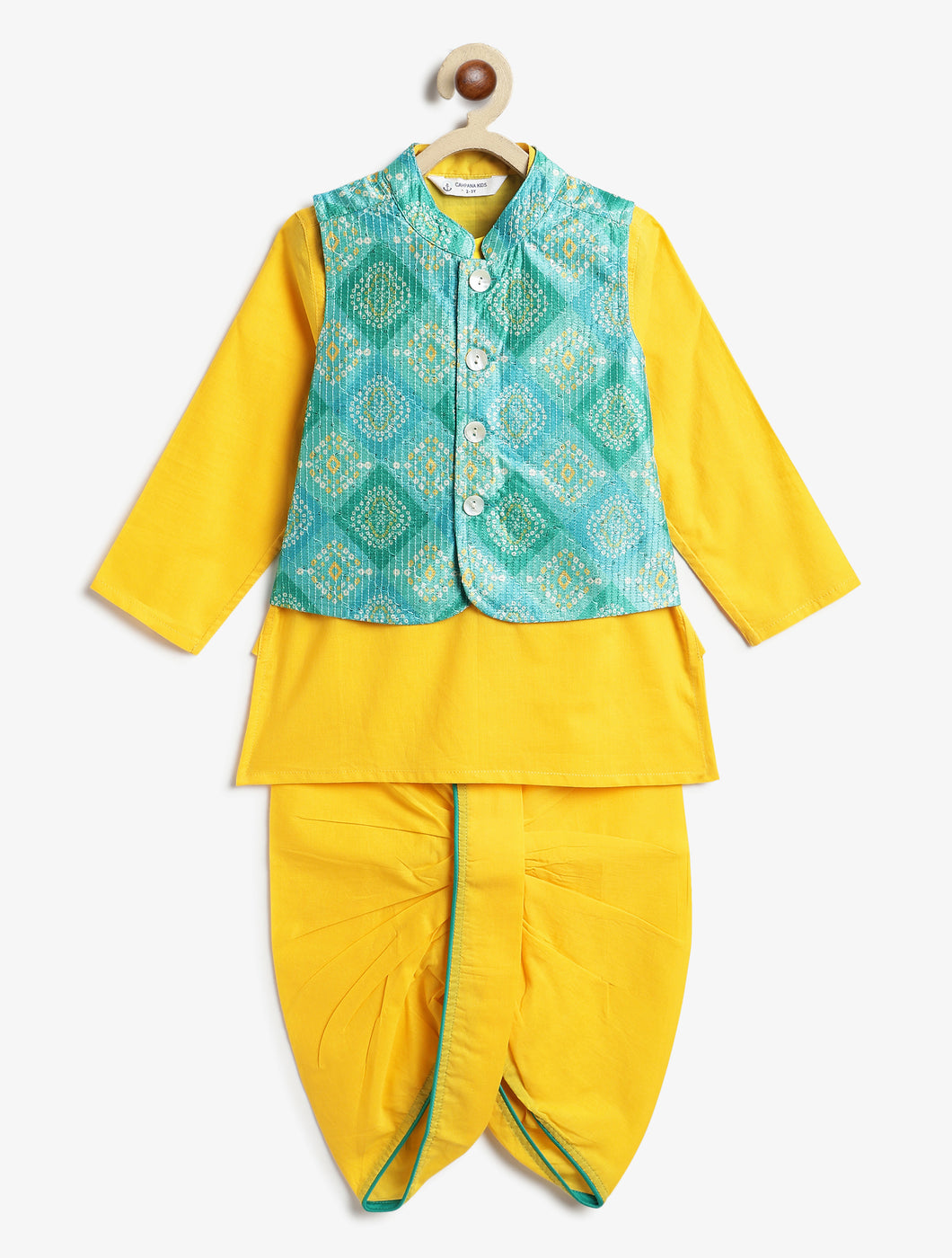 Campana Boys Ishaan Dhoti Kurta with Jacket Set - Sequin Embroidery - Yellow & Blue