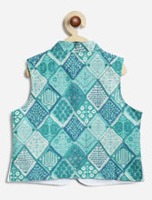 Load image into Gallery viewer, Campana Boys Ishaan Dhoti Kurta with Jacket Set - Burfi Print - Blue &amp; Green
