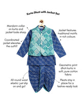 Load image into Gallery viewer, Campana Boys Ishaan Dhoti Kurta with Jacket Set - Burfi Print - Blue &amp; Green
