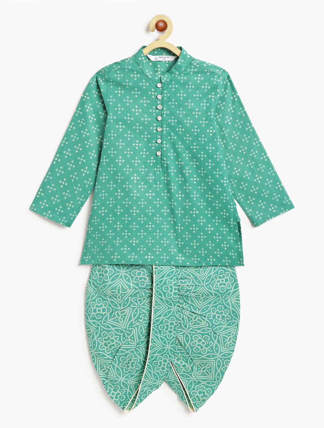 Campana Boys Mehul Cotton Dhoti Kurta Set - Bandhani Print - Teal Blue