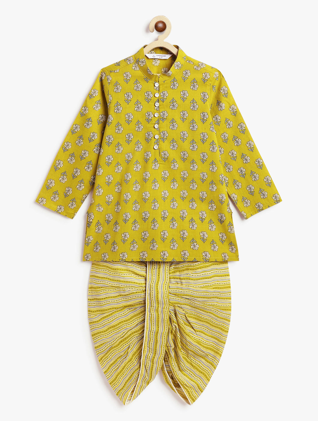 Campana Boys Mehul Cotton Dhoti Kurta Set - Block Print & Stripes - Henna Green