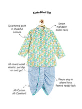 Load image into Gallery viewer, Campana Boys Mehul Pure Cotton Geometric Print Dhoti Kurta Set - White, Green &amp; Blue
