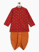 Load image into Gallery viewer, Campana Boys Mehul Pure Cotton Kali Print Dhoti Kurta Set - Maroon &amp; Mustard

