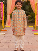 Load image into Gallery viewer, Campana Boys Embroidered and Geometric Printed Sherwani Set - Off White, Orange &amp; Blue
