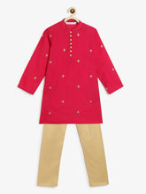 Load image into Gallery viewer, Campana Boys Mehul Kurta Pyjama Set - Chanderi Khari Print - Red &amp; Gold
