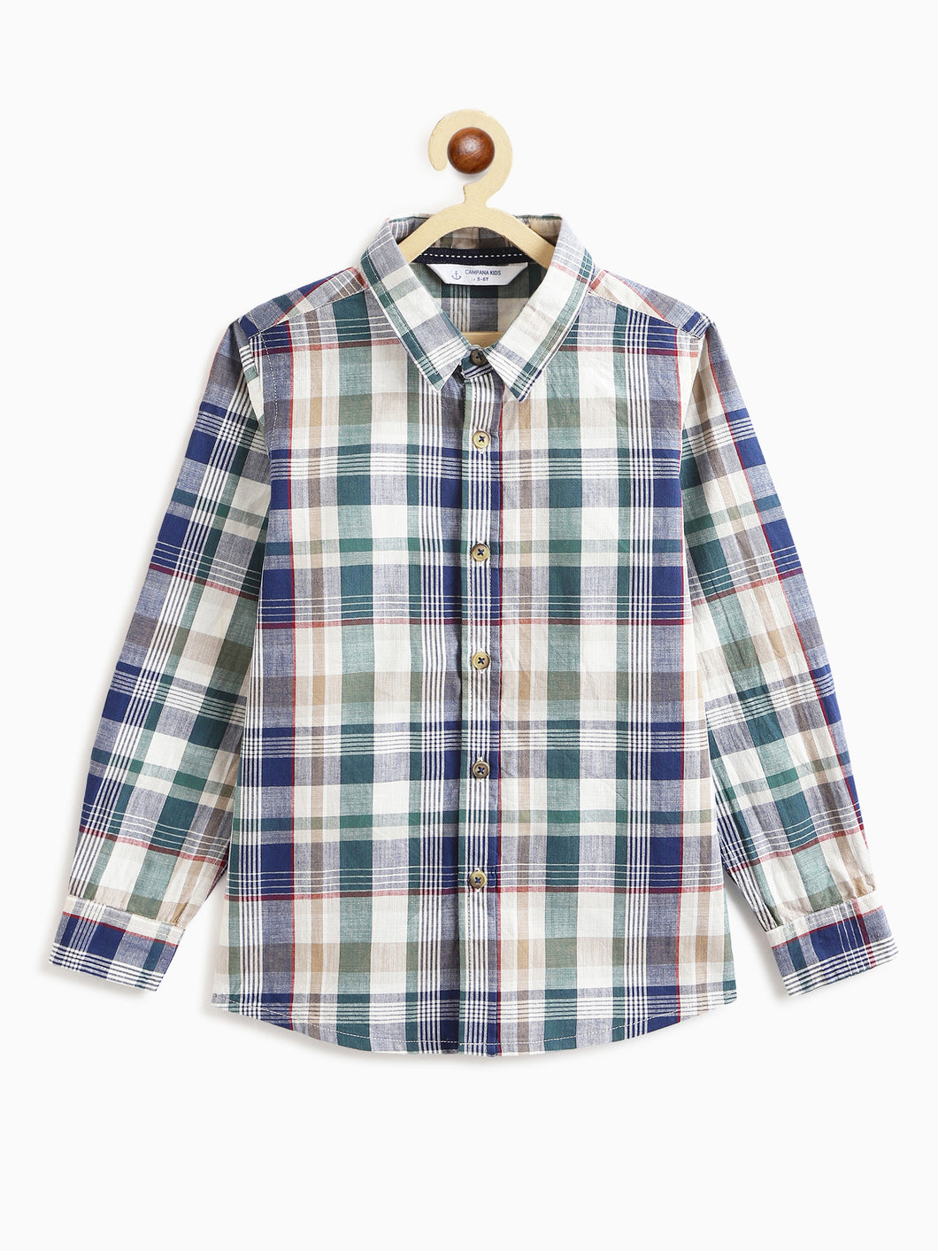 Campana Boys Wilson Plaid Checks Full Sleeves Shirt - Blue, Green & White