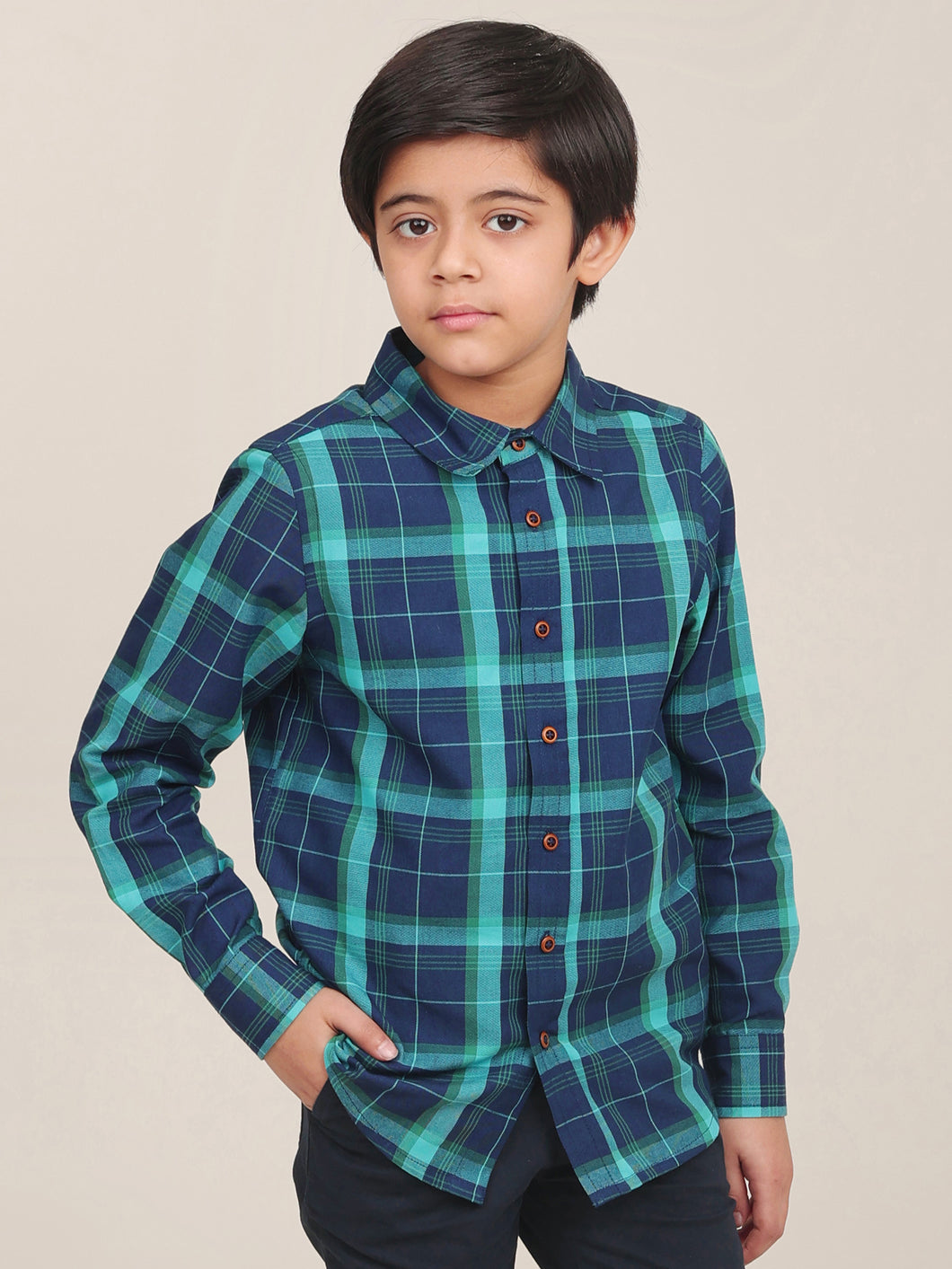 Campana Boys Wilson 100% Cotton Checked Shirt - Navy Blue & Teal Green