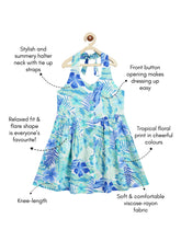 Load image into Gallery viewer, Campana Girls Cheryl Halter Neck Dress - Tropical Print - Blue &amp; Sea Green
