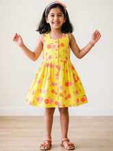 Load image into Gallery viewer, Campana Girls Cheryl Pure Cotton Floral Printed Halter Neck Dress - Yellow
