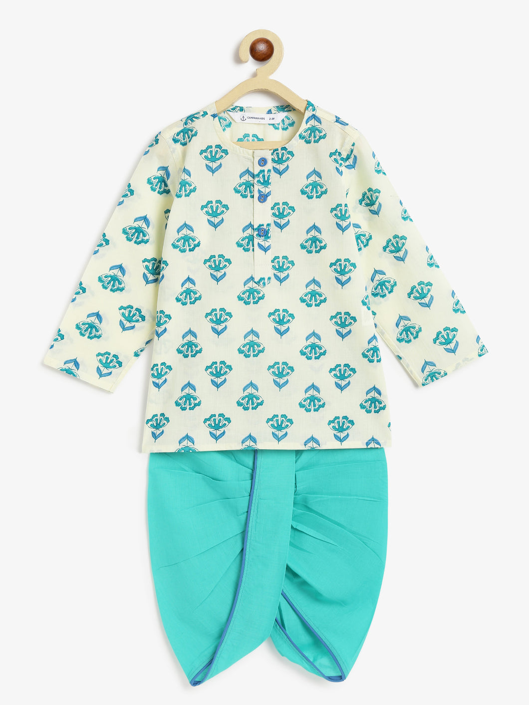 Campana Boys Bansi Dhoti Kurta Set - Flower Block Print - White & Sea Green