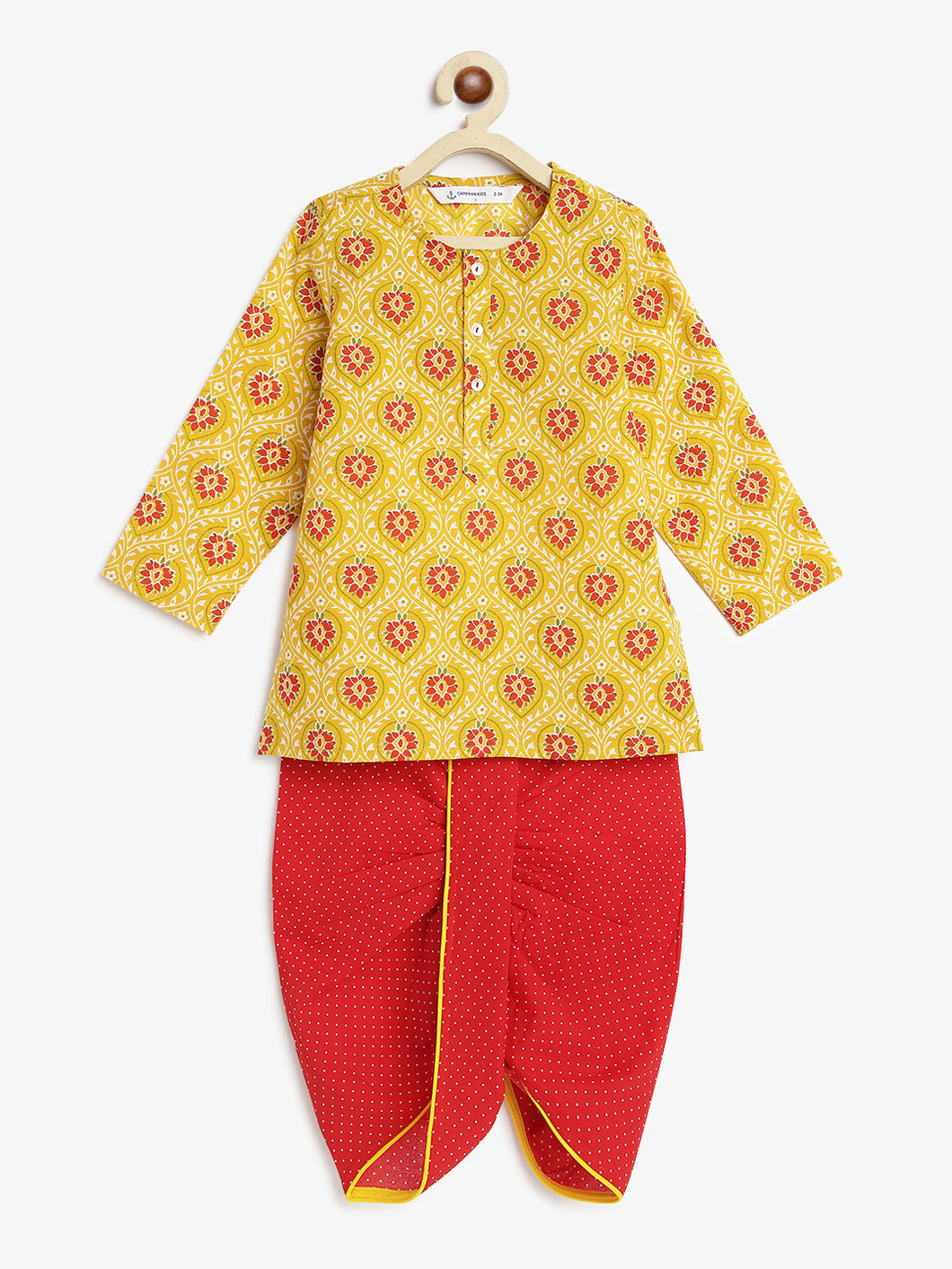 Campana Boys Bansi Dhoti Kurta Set - Floral Jaal Print - Yellow & Red