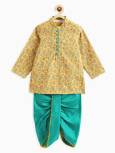 Load image into Gallery viewer, Campana Boys Mehul Dhoti Kurta Set - Paisley Floral Embroidery - Yellow &amp; Teal
