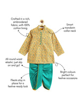 Load image into Gallery viewer, Campana Boys Mehul Dhoti Kurta Set - Paisley Floral Embroidery - Yellow &amp; Teal
