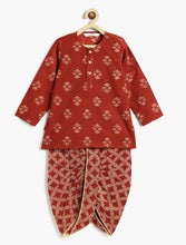 Load image into Gallery viewer, Campana Boys Bansi Ikat Floral Printed Cotton Kurta Dhoti Set - Maroon &amp; Beige
