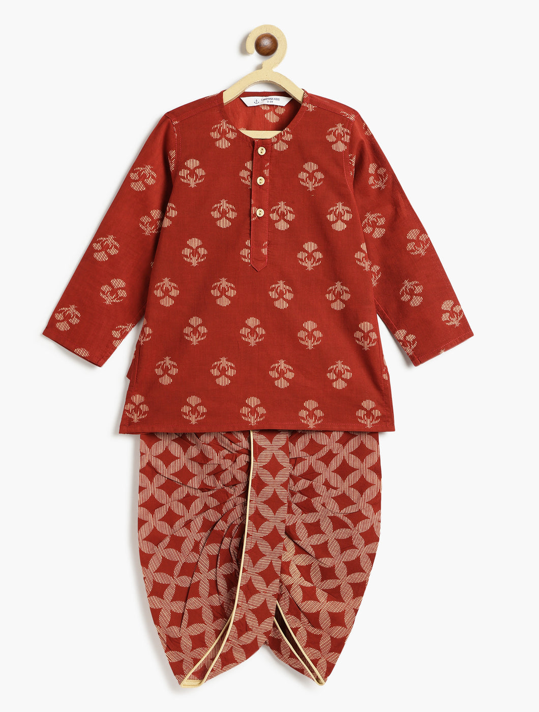 Campana Boys Bansi Ikat Floral Printed Cotton Kurta Dhoti Set - Maroon & Beige