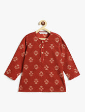 Load image into Gallery viewer, Campana Boys Bansi Ikat Floral Printed Cotton Kurta Dhoti Set - Maroon &amp; Beige
