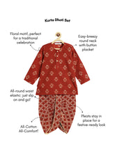 Load image into Gallery viewer, Campana Boys Bansi Ikat Floral Printed Cotton Kurta Dhoti Set - Maroon &amp; Beige
