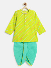 Load image into Gallery viewer, Campana Boys Bansi Dhoti Kurta Set - Leheriya Print - Lime Green &amp; Turquoise

