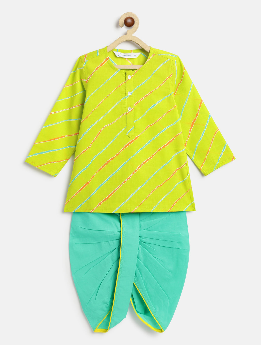 Campana Boys Bansi Dhoti Kurta Set - Leheriya Print - Lime Green & Turquoise