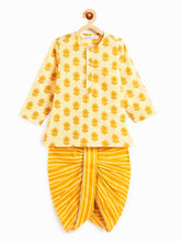 Load image into Gallery viewer, Campana Boys Bansi Pure Cotton Floral &amp; Striped Dhoti Kurta Set - Off White &amp; Mustard Yellow
