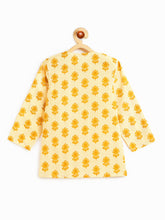 Load image into Gallery viewer, Campana Boys Bansi Pure Cotton Floral &amp; Striped Dhoti Kurta Set - Off White &amp; Mustard Yellow
