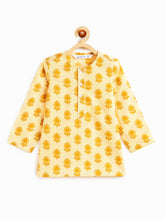 Load image into Gallery viewer, Campana Boys Bansi Pure Cotton Floral &amp; Striped Dhoti Kurta Set - Off White &amp; Mustard Yellow
