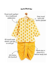 Load image into Gallery viewer, Campana Boys Bansi Pure Cotton Floral &amp; Striped Dhoti Kurta Set - Off White &amp; Mustard Yellow
