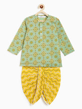 Load image into Gallery viewer, Campana Boys Bansi Pure Cotton Striped &amp; Floral Dhoti Kurta Set - Green &amp; Mustard
